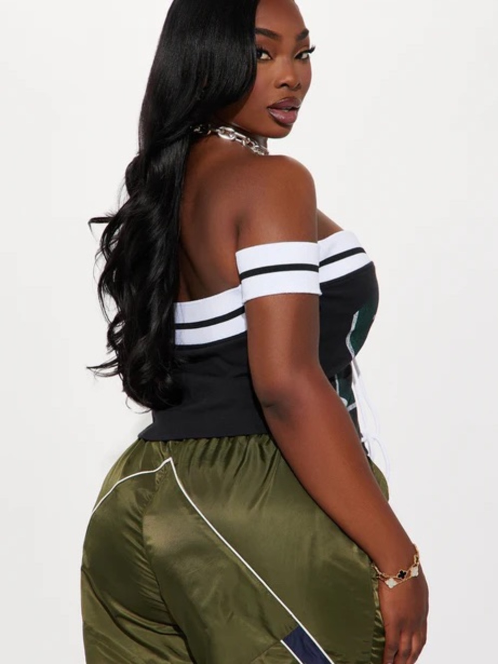 Off-Shoulder Lace-Up Crop Top with Green Panel Accents - Picture 3 of 6